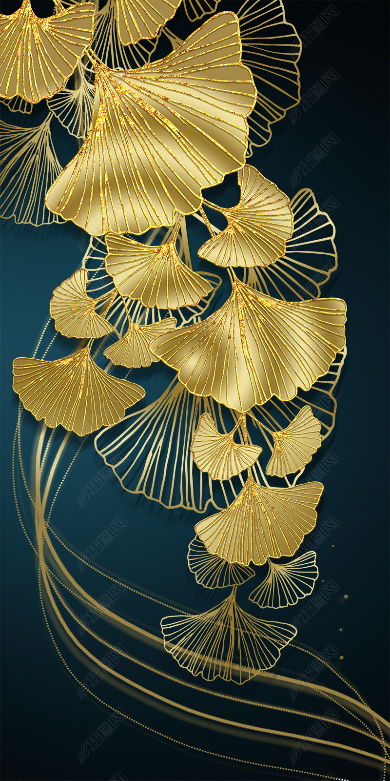 花纹图案现代时尚轻奢抽象艺术油画鎏金银杏叶挂画花纹图案家居数码