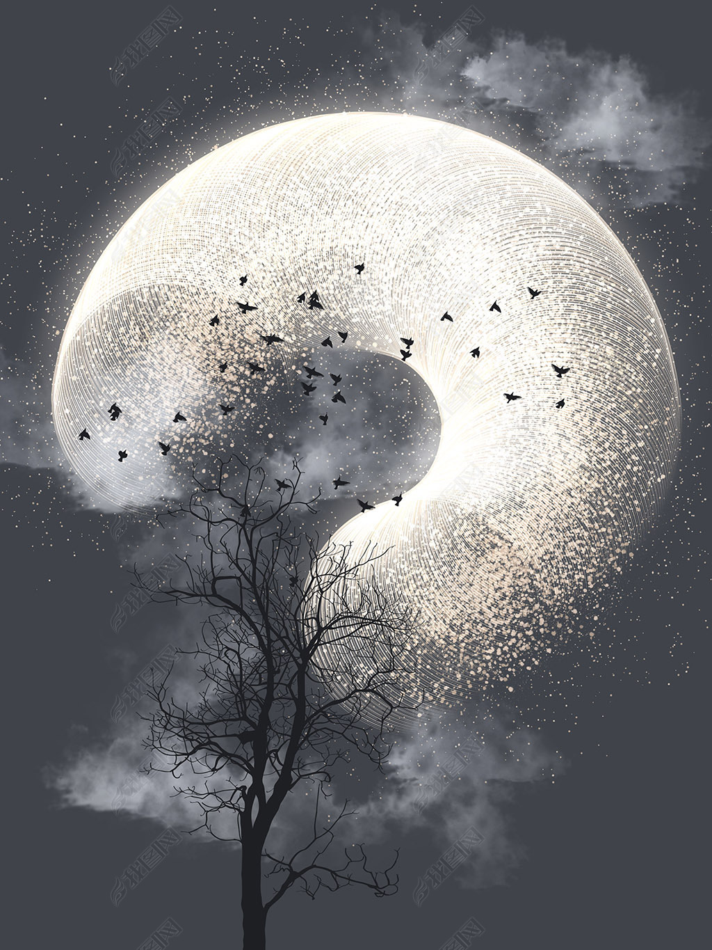 花纹图案月满苍穹夜色迷人夜空满天星意境风景花纹图案家居数码图案