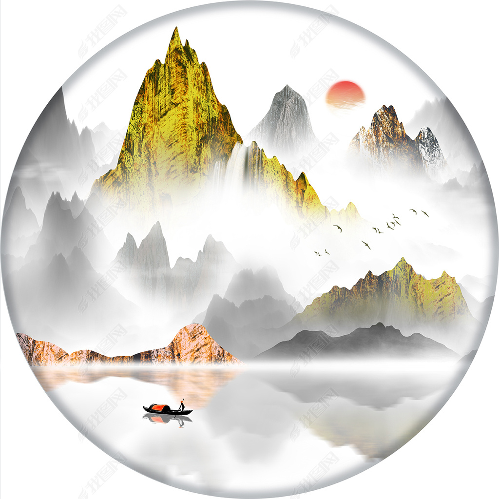 花纹图案新中式水墨意境山水圆形山水小品挂画花纹图案家居数码图案