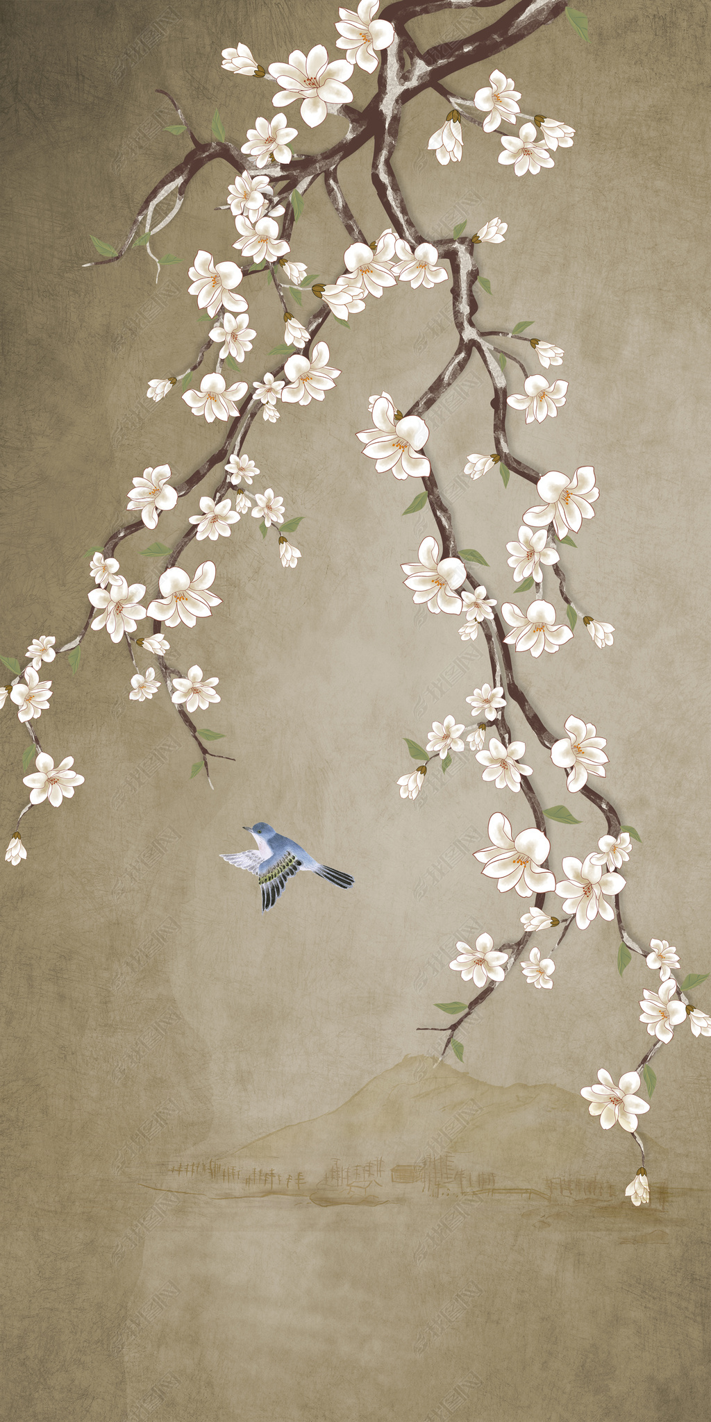花纹图案新中式手绘花鸟白玉兰挂画花纹图案家居数码图案