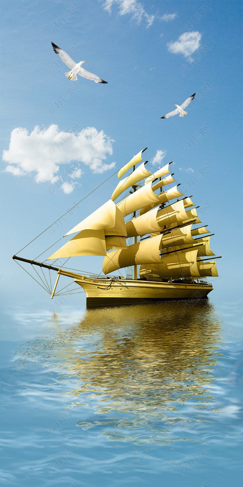 原创花纹图案现代简约大海金色帆船晶瓷画花纹图案家居数码图案版权可