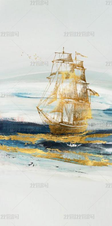 花纹图案-新中式现代轻奢抽象金色大海帆船油画下载-编号23638940-花