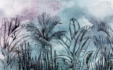 花纹图案-现代简约抽象手绘水彩芭蕉叶线条田园下载-编号23639184-花