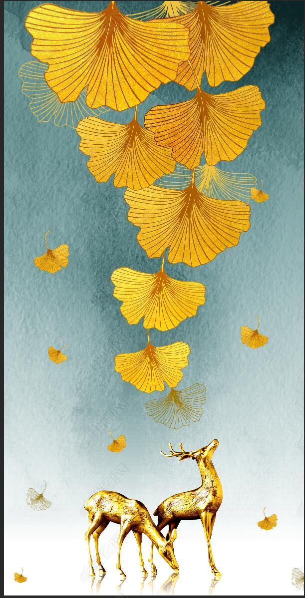 原创花纹图案-现代抽象手绘简约银杏叶轻奢壁画花纹图案家居数码图案