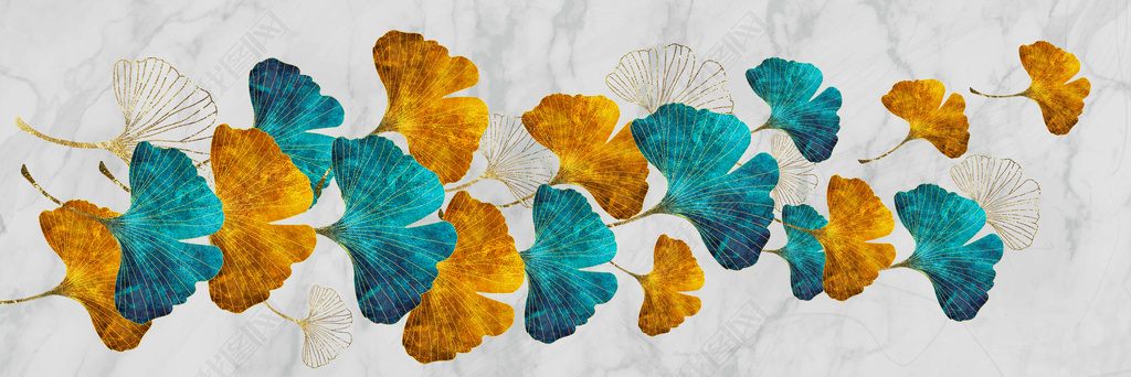 花纹图案-新中式创意现代金色银杏叶抽象组合画花纹图案家居数码图案