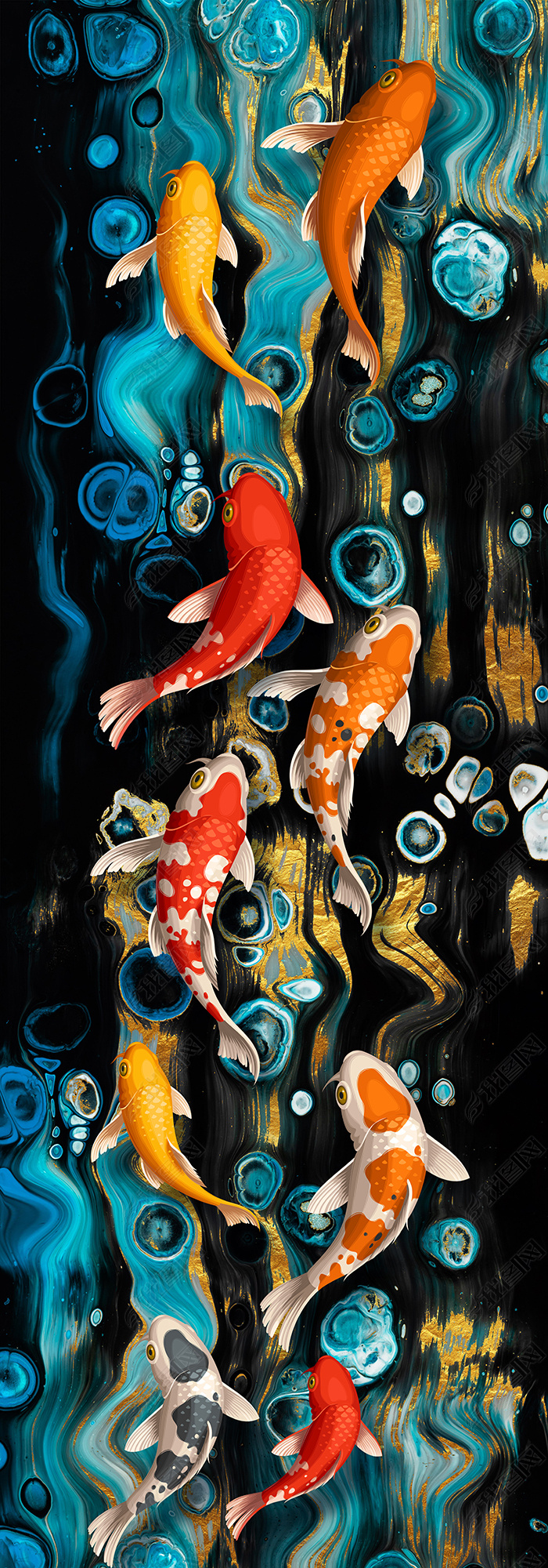 花纹图案新中式抽象水墨艺术金色鲤鱼锦鲤挂画花纹图案家居数码图案