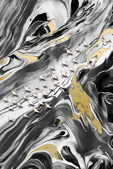 原创花纹图案-现代轻奢新中式抽象水墨鎏金金色花纹图案家居数码图案