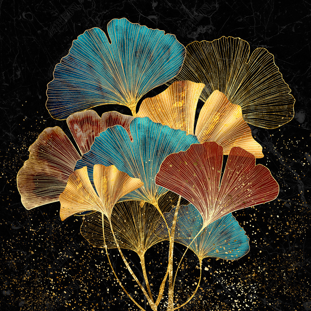 原创花纹图案-手绘现代艺术银杏叶轻奢晶瓷花纹图案家居数码图案