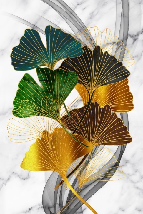 原创花纹图案现代轻奢手绘抽象银杏叶金色叶子花纹图案家居数码图案
