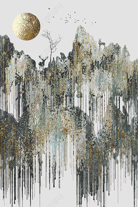 花纹图案新中式抽象轻奢金色水彩山水麋鹿飞鸟花纹图案家居数码图案