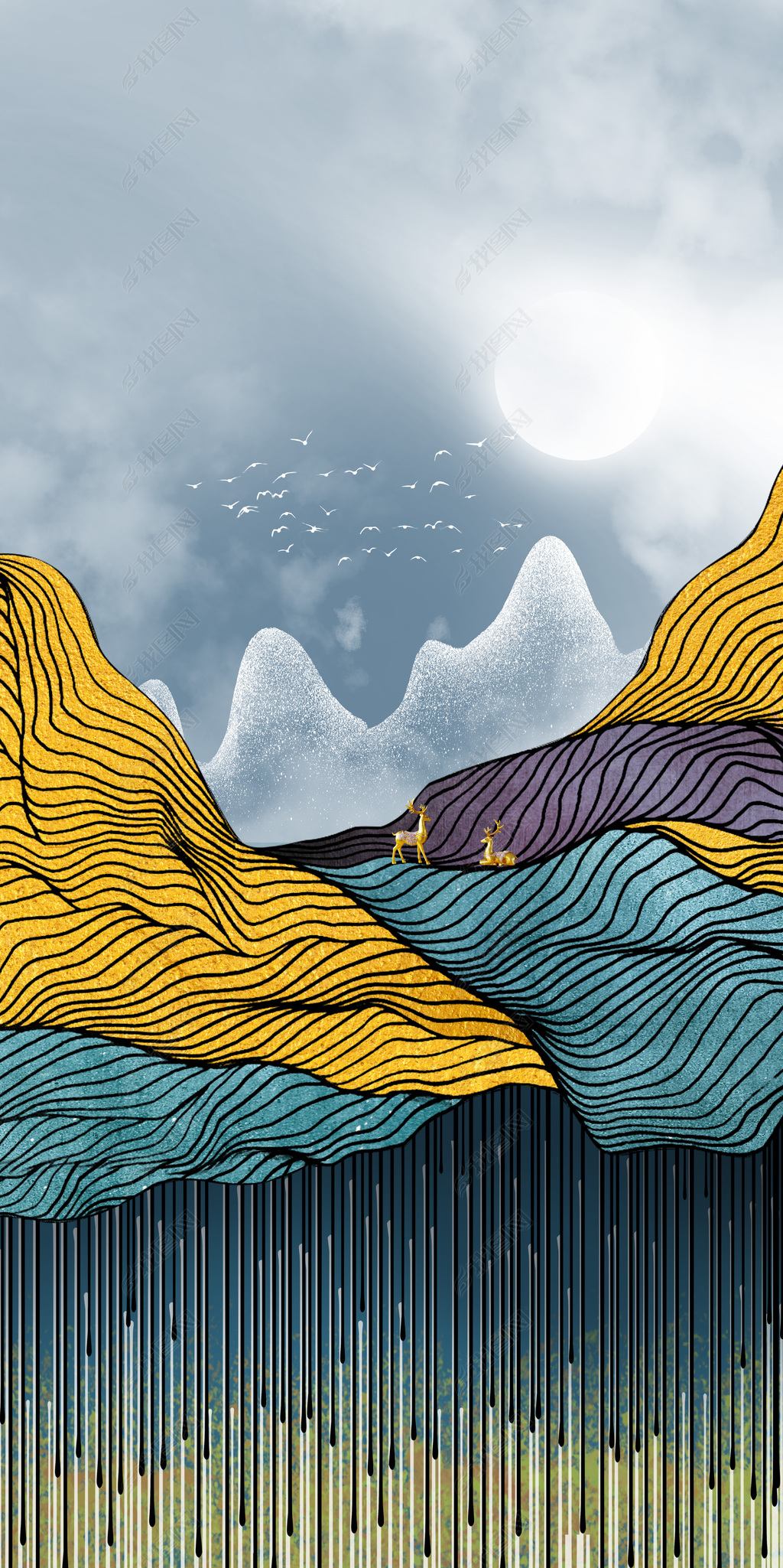 花纹图案新中式现代轻奢抽象线条发财树金色山水花纹图案家居数码图案