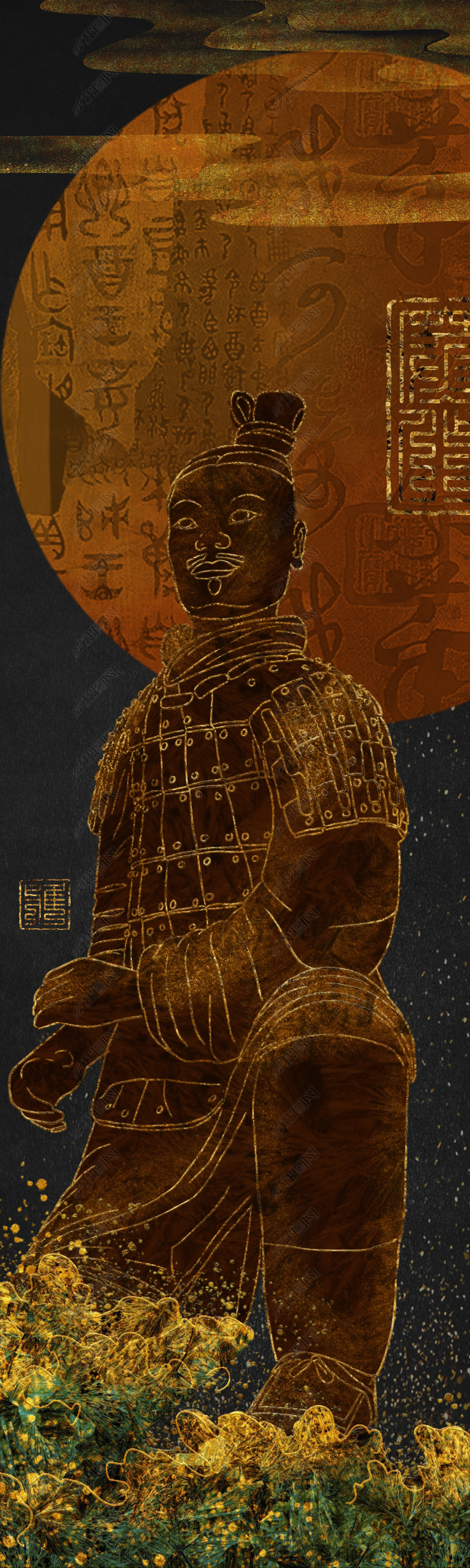 花纹图案中式手绘黑漆描金兵马俑国画国潮新式组合画花纹图案家居数码