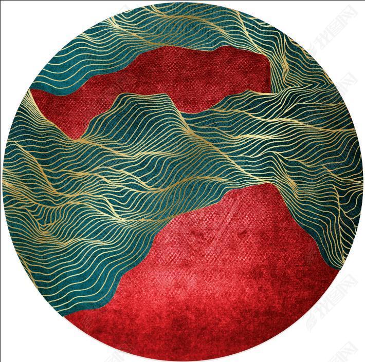 花纹图案新中式时尚国风红色抽象线条茶几垫家居床边圆毯花纹图案家居