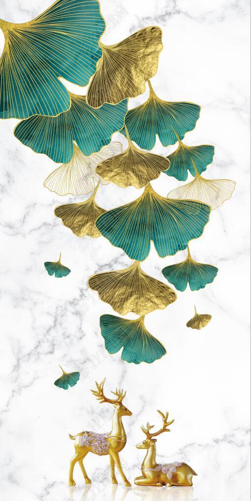 花纹图案-现代简约手绘小清新金色银杏叶花纹图案家居数码图案