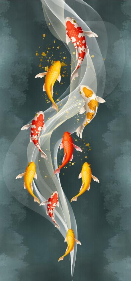 花纹图案新中式轻奢抽象荷花九鱼图锦鲤金箔晶瓷画新式组合画异形组合