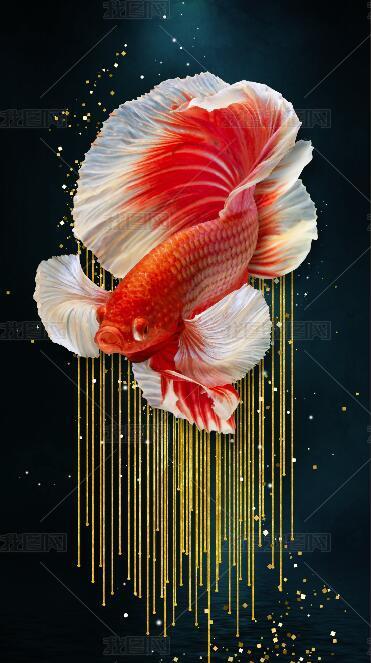 原创花纹图案-现代时尚轻奢3d立体红色孔雀鱼晶瓷画晶贝画花纹图案