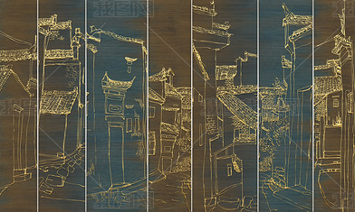 花纹图案新中式金色浮雕线描古建筑浮雕雕刻壁画花纹图案家居数码图案