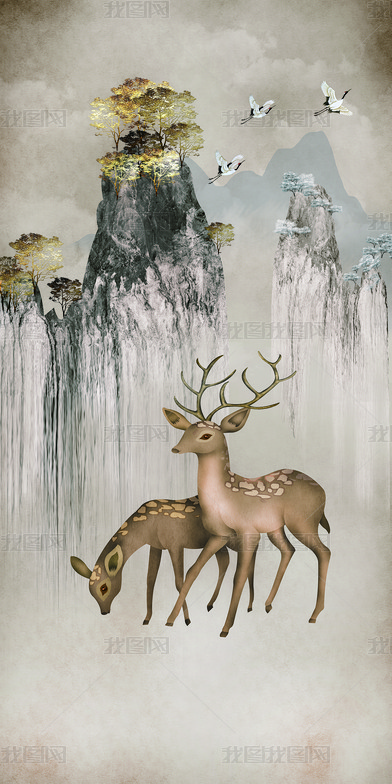 花纹图案-古典梅花鹿吉祥复式楼电视壁画花纹图案家居数码图案