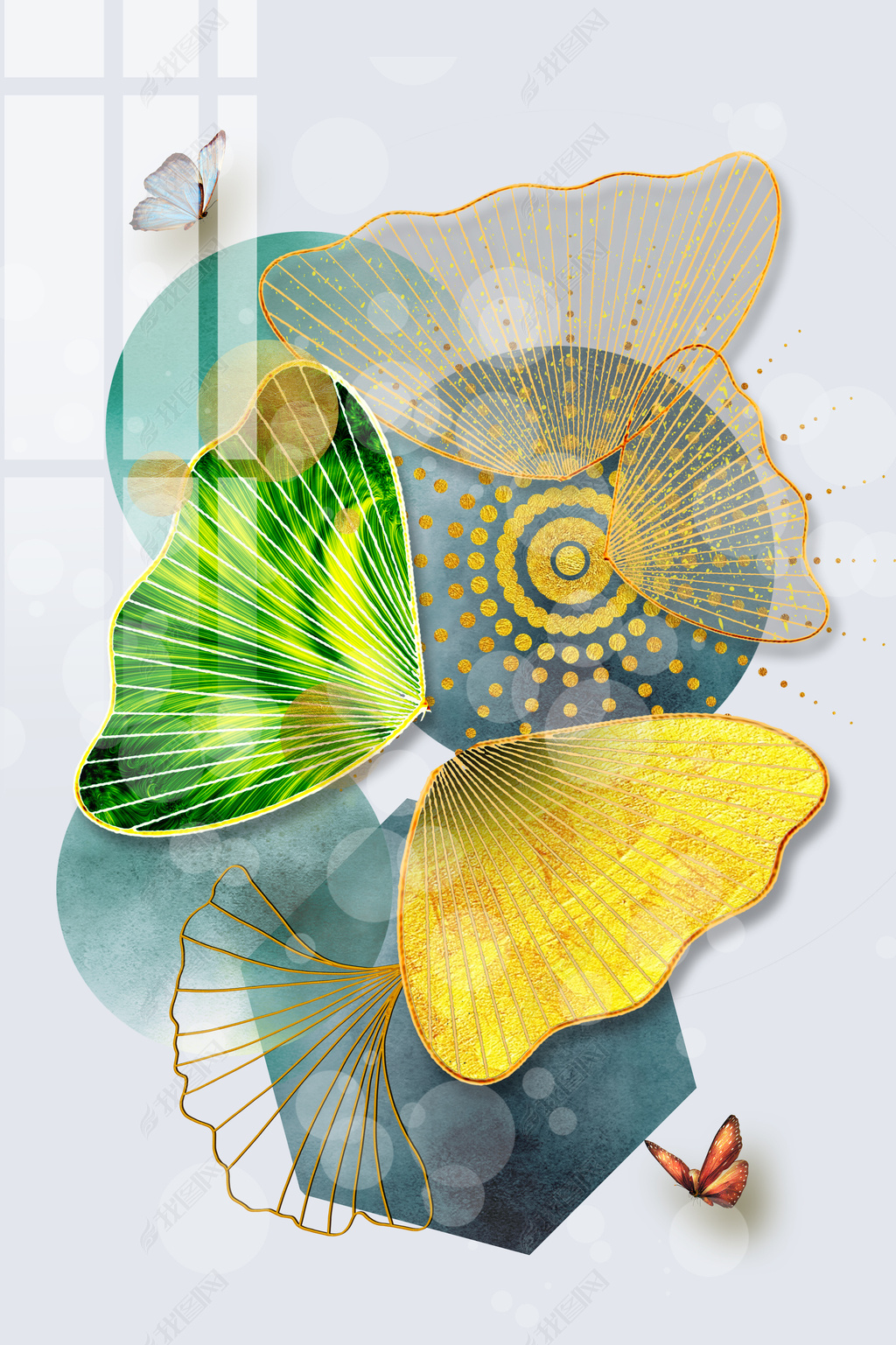 原创花纹图案-现代轻奢手绘银杏叶抽象几何晶瓷花纹图案家居数码图案