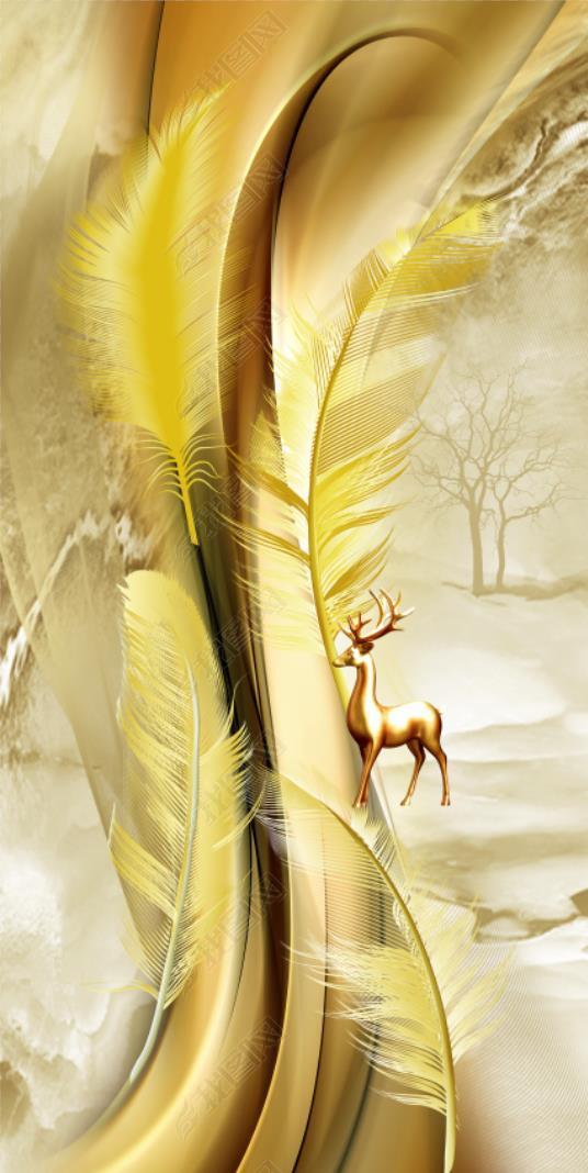 花纹图案新中式轻奢手绘金色羽毛抽象背景线条金鹿大理纹花纹图案家居