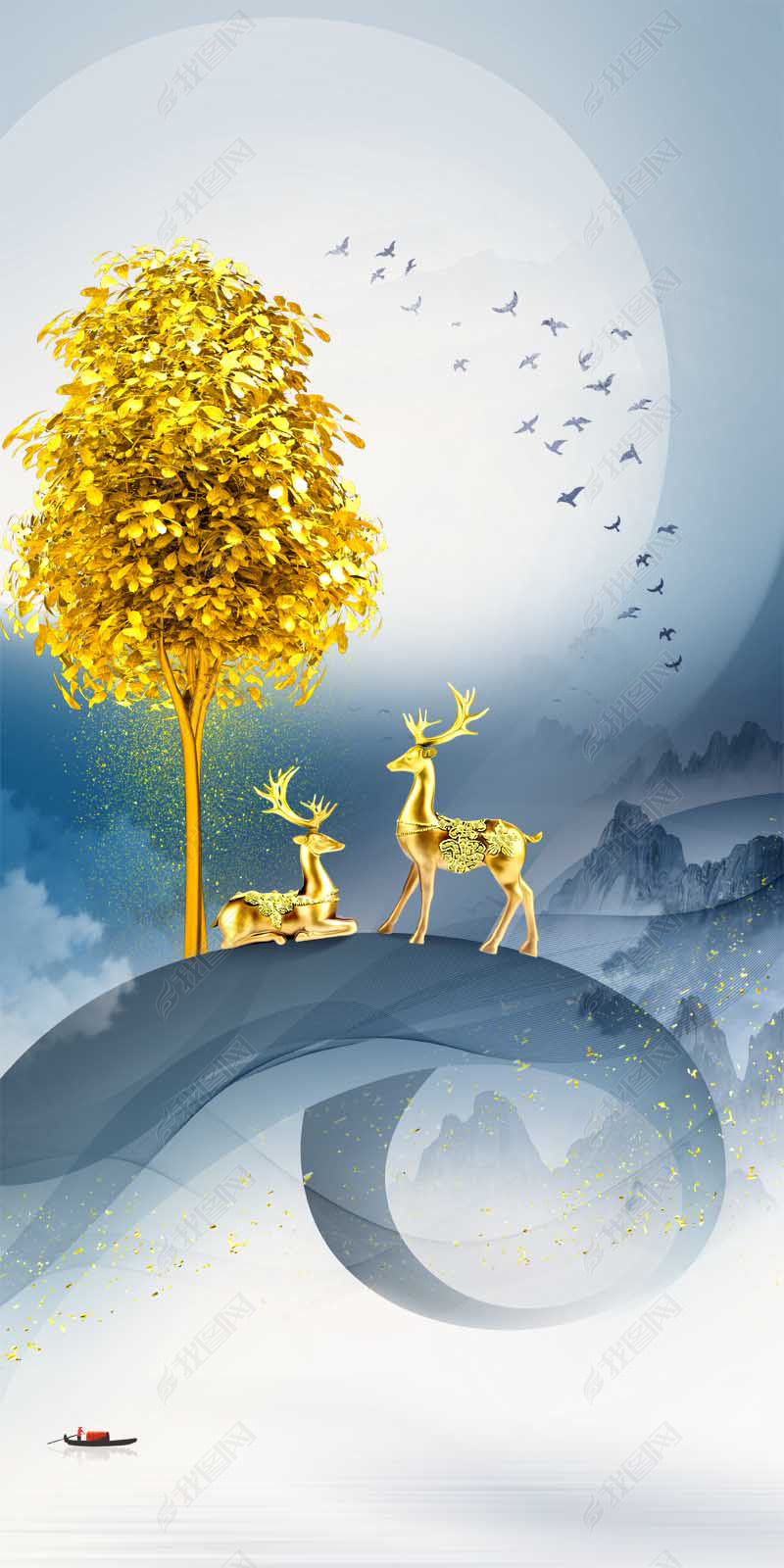 花纹图案圆圆满满发财鹿发财树花纹图案家居数码图案