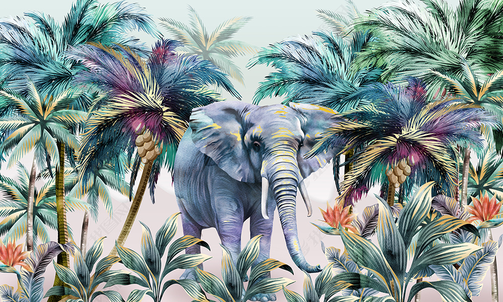 花纹图案轻奢北欧手绘热带植物森林大象风景壁画花纹图案家居数码图案