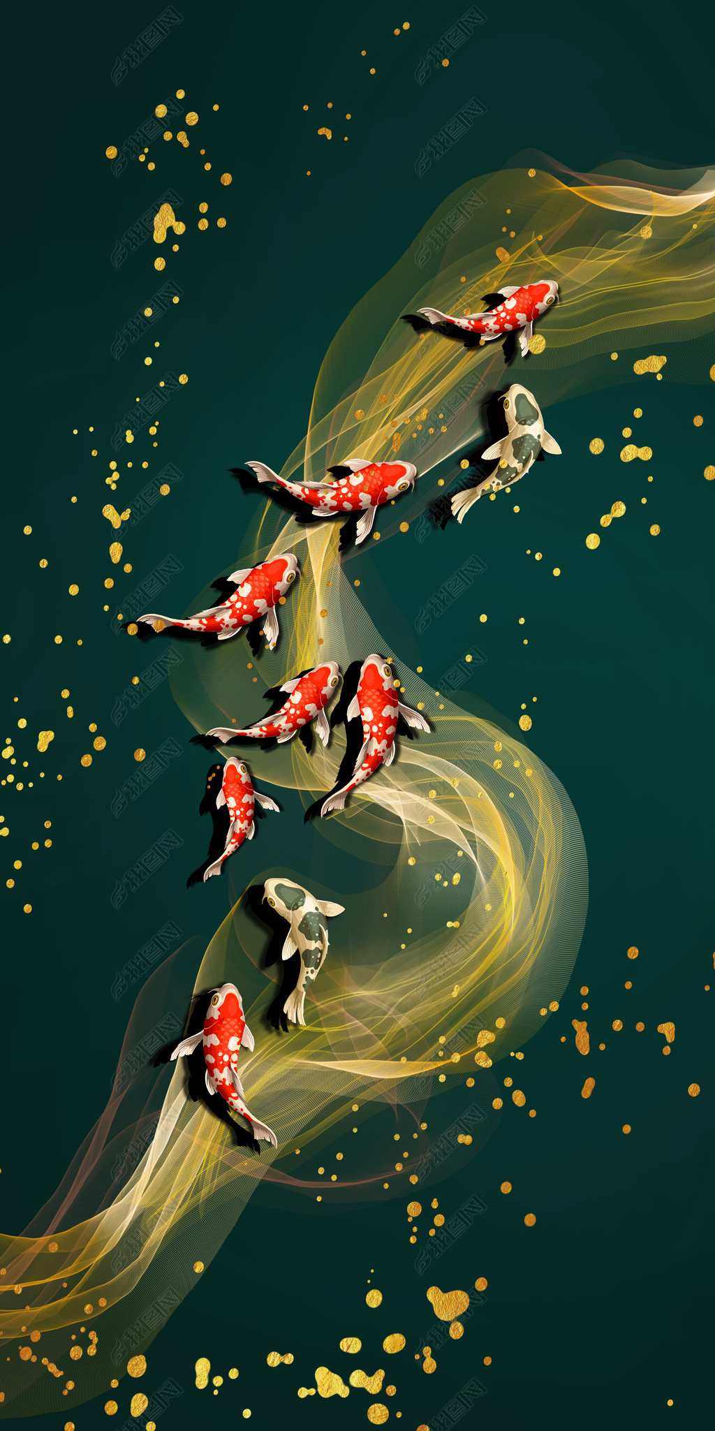 花纹图案新中式抽象金色九鱼图年轮轻奢挂画花纹图案家居数码图案