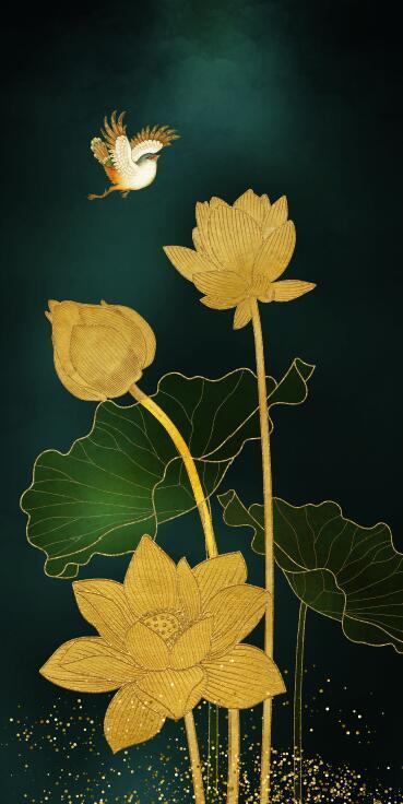 花纹图案现代时尚轻奢金色浮雕荷花组合餐厅晶瓷画花纹图案家居数码