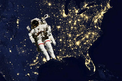 宇航员在美国夜间飞行, 在地球附近。图片由美国宇航局照片 f