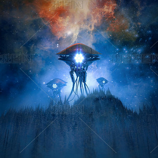 用巨大的外星机器在雾蒙蒙的森林山上登陆的科幻小说场景的夜间/三维