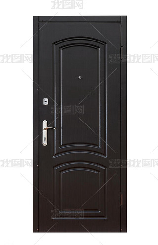 Black wooden closed door isolated on white 