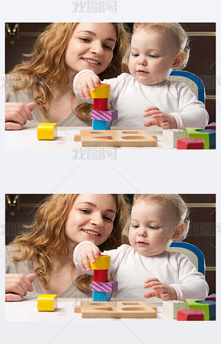 Mother and baby daughter building tower