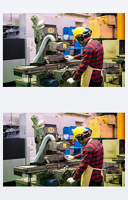工厂机械专业工人与头盔和玻璃工作的漆树金属生产五金.自动化机械背景重工业安全第一.