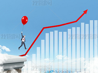 Businesan flying up on red balloon. Graphs and charts on sky background. Concept of growth.