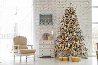 Beautiful room interior with decorated Christmas tree