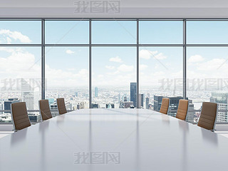 Panoramic conference room in modern office in New York City. Brown leather chairs and a table. 3D re