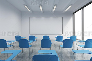 A classroom or presentation room in a modern university or fancy office. Blue chairs, a whiteboard o