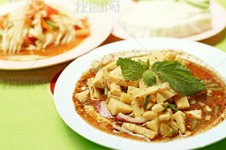 thai food, bamboo shoot spicy and papaya salad or som-tam 