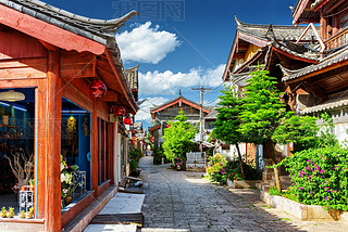 Scenic street in the Old Town of Lijiang. Yunnan province, China
