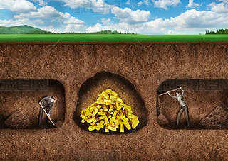 Businesspeople dig a tunnel to treasure
