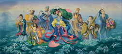 中国的神。艺术绘画多彩墙上