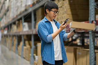 Portrait Asian men, staff, product counting Warehouse Control Ma