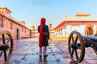 Jaipur City Palace Guard in his traditonal uniform, India.