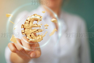 Businesswoman with exploding euro currency 3D rendering