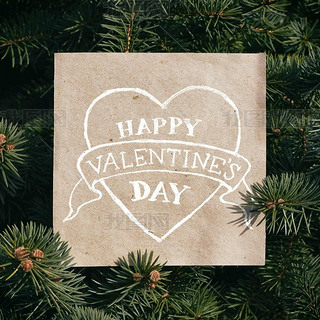 Eco craft paper card on pine tree background. Holiday square poatcard template. Heart shape drawn, h