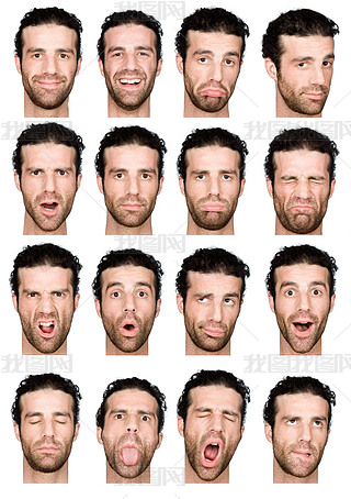 short curly hair brunette adult caucasian man collection set of face expression like happy, sad, ang