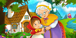 卡通场景对孙女和她的祖母站在附近森林里的老房子