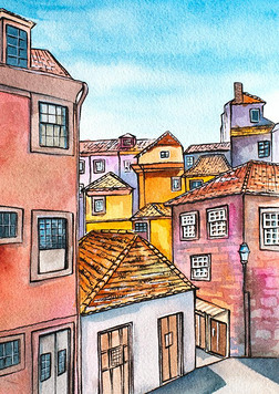 手绘葡萄牙波尔图古城水彩画。粉色、黄色和蓝色