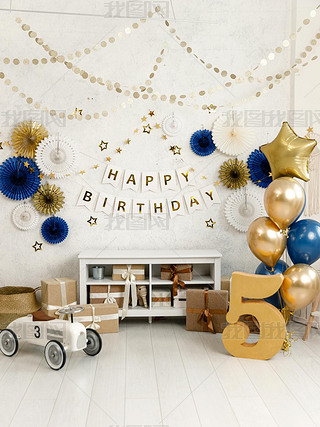 Birthday decorations - gifts, toys, balloons, garland and number for little baby party event on a wh
