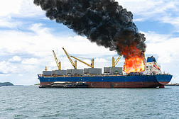 大型通用货船用于物流进出口货物等爆炸，并在阳光明媚的日子在海上发生了大量的火灾和烟雾